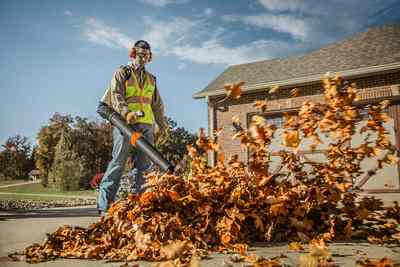 Neighborhood Lawn Care in Vancouver, WA.  Leaf blowing a pile of leaves with Stihl backpack leaf blower